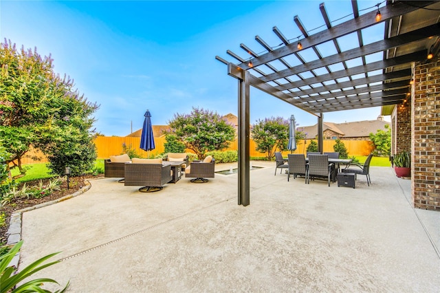 28907 Copper Break Ct, Katy, TX 77494 - fenced backyard with outdoor dining area, an outdoor hangout area, a pergola, and a patio area