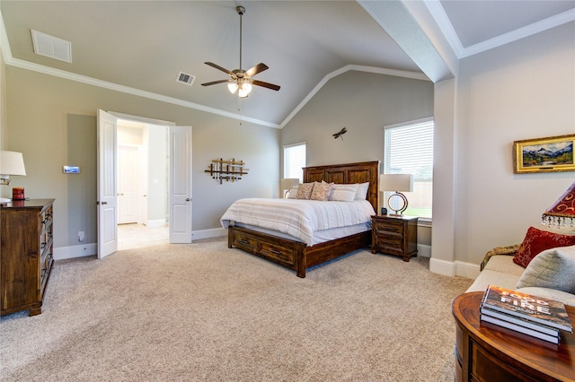 28907 Copper Break Ct, Katy, TX 77494 - bedroom featuring baseboards, light carpet, lofted ceiling, ornamental molding, and a ceiling fan