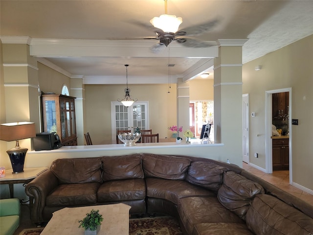 3501 Carson Ct, Pearland, TX 77584 - tiled living area with a ceiling fan, baseboards, and crown molding