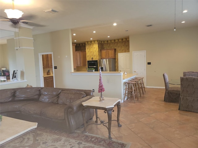 3501 Carson Ct, Pearland, TX 77584 - living area with recessed lighting, baseboards, light tile patterned floors, and ceiling fan