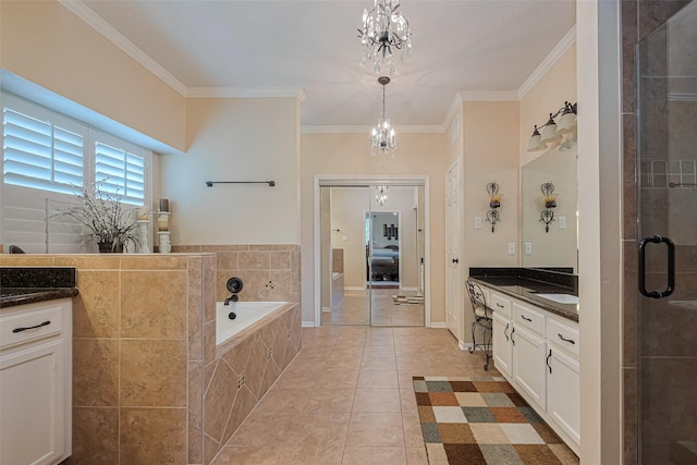 11203 Chestnut Woods Trl, Houston, TX 77065 - ensuite bathroom with vanity, a chandelier, a bath, ornamental molding, and tiled shower