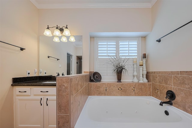 11203 Chestnut Woods Trl, Houston, TX 77065 - bathroom with a tub with jets, vanity, and crown molding