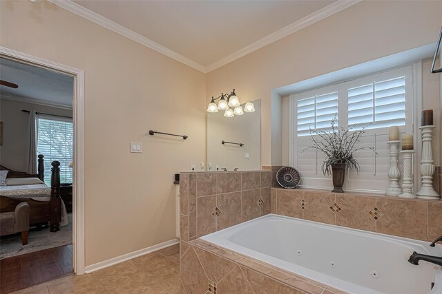 11203 Chestnut Woods Trl, Houston, TX 77065 - bathroom featuring crown molding, a whirlpool tub, baseboards, ensuite bathroom, and tile patterned floors