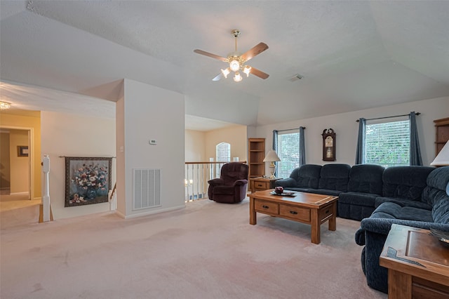 11203 Chestnut Woods Trl, Houston, TX 77065 - living room with light colored carpet, a ceiling fan, and lofted ceiling