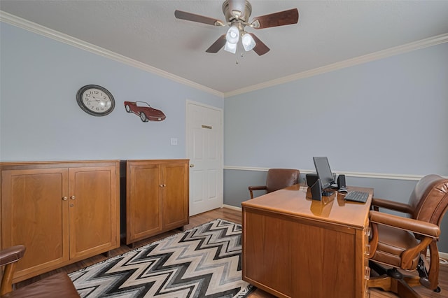 11203 Chestnut Woods Trl, Houston, TX 77065 - office featuring ceiling fan, crown molding, light wood-style floors, and baseboards