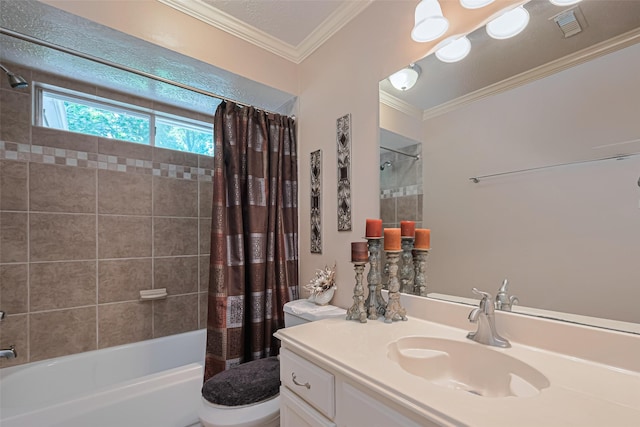 11203 Chestnut Woods Trl, Houston, TX 77065 - bathroom with shower / tub combo, vanity, toilet, and crown molding