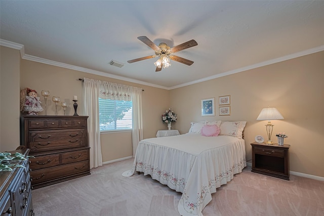 11203 Chestnut Woods Trl, Houston, TX 77065 - bedroom featuring light carpet, baseboards, crown molding, and a ceiling fan