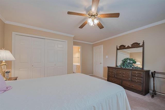 11203 Chestnut Woods Trl, Houston, TX 77065 - bedroom with a closet, light colored carpet, ornamental molding, baseboards, and a ceiling fan