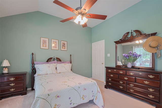 11203 Chestnut Woods Trl, Houston, TX 77065 - bedroom featuring light carpet, vaulted ceiling, and a ceiling fan