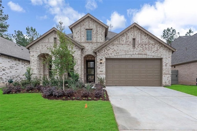 17102 Crimson Crest Dr, Conroe, TX 77302 - french provincial home with brick siding, concrete driveway, a garage, and a front yard