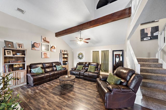 3808 Cottonwood Dr, La Porte, TX 77571 - living room featuring stairway, a ceiling fan, and wood finished floors