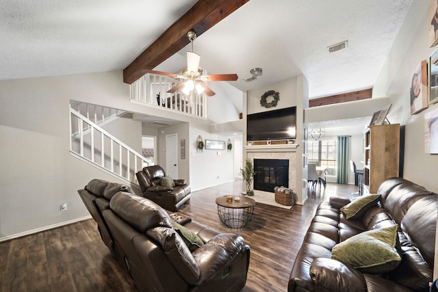 3808 Cottonwood Dr, La Porte, TX 77571 - living area with stairway, wood finished floors, a textured ceiling, ceiling fan, and beamed ceiling