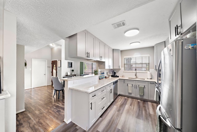3808 Cottonwood Dr, La Porte, TX 77571 - kitchen with appliances with stainless steel finishes, a sink, a peninsula, dark wood-style floors, and a textured ceiling