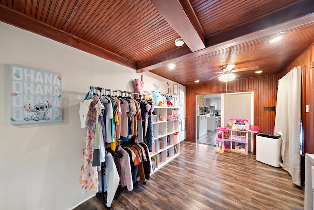 3808 Cottonwood Dr, La Porte, TX 77571 - spacious closet with beamed ceiling, wood finished floors, and a ceiling fan