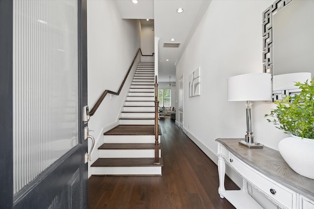 3410 Timbergrove Heights St, Houston, TX 77008 - stairway with wood finished floors, recessed lighting, and baseboards