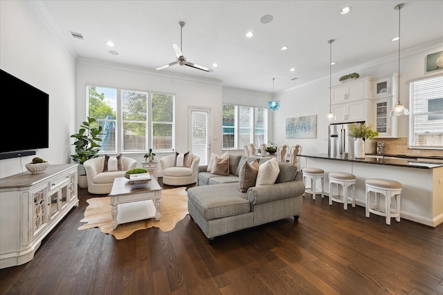 3410 Timbergrove Heights St, Houston, TX 77008 - living room featuring ornamental molding, ceiling fan, dark wood finished floors, and recessed lighting