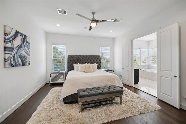 3410 Timbergrove Heights St, Houston, TX 77008 - bedroom with dark wood-style flooring, baseboards, recessed lighting, and a ceiling fan