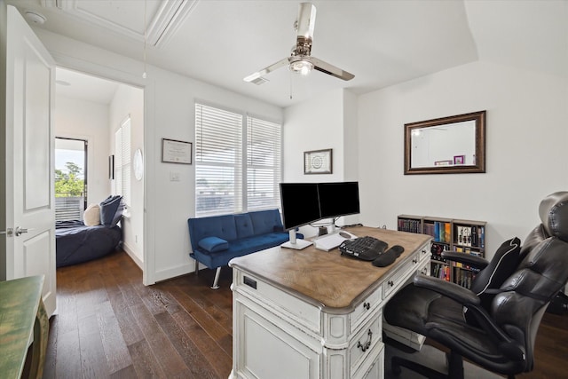 3410 Timbergrove Heights St, Houston, TX 77008 - office area with attic access, dark wood-type flooring, plenty of natural light, and a ceiling fan