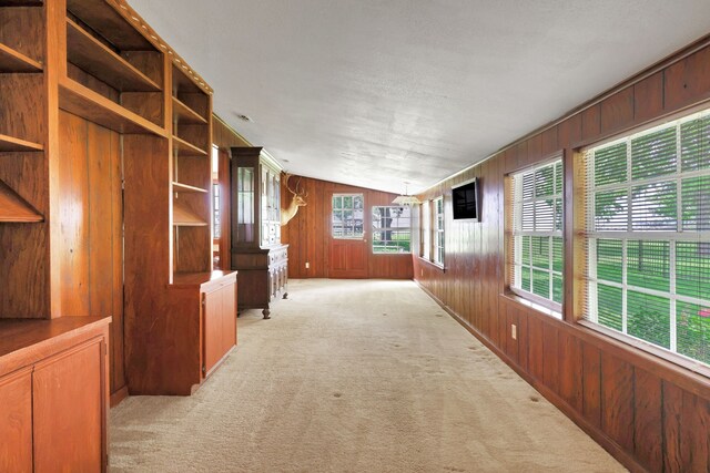 151 Lakeview Cir, Coldspring, TX 77331 - hallway with wooden walls, light carpet, and vaulted ceiling