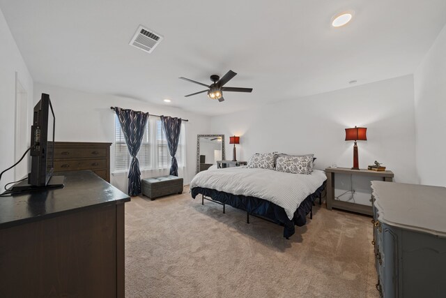 23515 Weir Box Rd, Hockley, TX 77447 - bedroom with light colored carpet, a ceiling fan, and recessed lighting