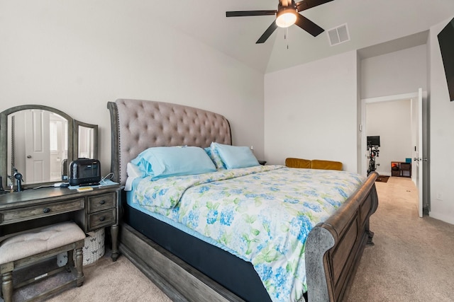 11231 Buchanan Coves Ln, Cypress, TX 77433 - bedroom featuring light carpet, vaulted ceiling, and ceiling fan