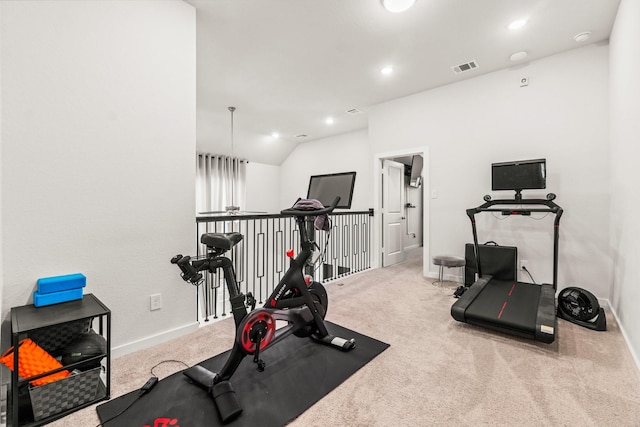 11231 Buchanan Coves Ln, Cypress, TX 77433 - exercise room featuring carpet flooring, baseboards, lofted ceiling, and recessed lighting