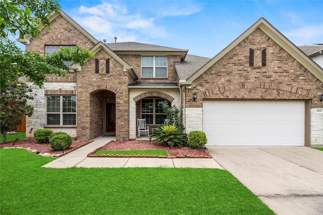 26020 Bassfield Ln, Katy, TX 77494 - view of front of house featuring brick siding, a front yard, concrete driveway, roof with shingles, and covered porch