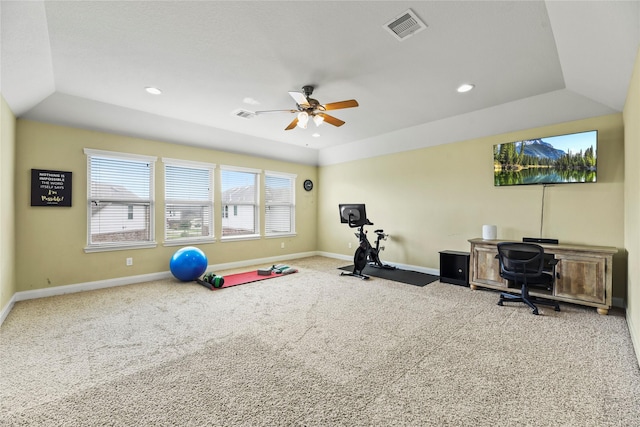 26020 Bassfield Ln, Katy, TX 77494 - exercise area featuring carpet flooring, baseboards, a ceiling fan, recessed lighting, and a raised ceiling