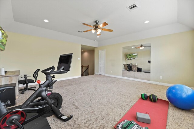 26020 Bassfield Ln, Katy, TX 77494 - exercise room featuring ceiling fan, baseboards, recessed lighting, and carpet floors
