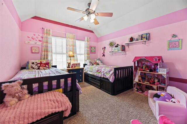 26020 Bassfield Ln, Katy, TX 77494 - bedroom featuring vaulted ceiling, carpet flooring, and a ceiling fan