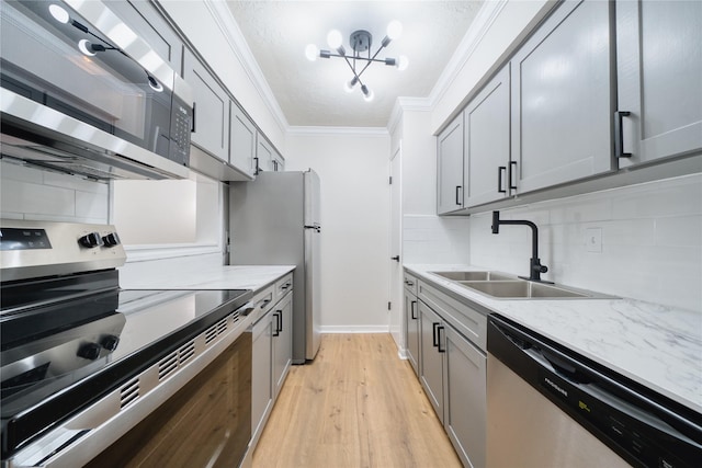 3224 Timmons Ln Unit 157, Houston, TX 77027 - kitchen featuring appliances with stainless steel finishes, a sink, ornamental molding, gray cabinets, and backsplash