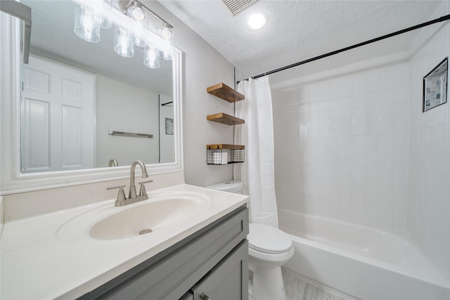 3224 Timmons Ln Unit 157, Houston, TX 77027 - bathroom with a textured ceiling, vanity, toilet, and shower / bath combo with shower curtain