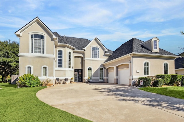 57 Cloverdale Ct, Montgomery, TX 77356 - view of front of house with a front yard, stucco siding, a shingled roof, and an attached garage