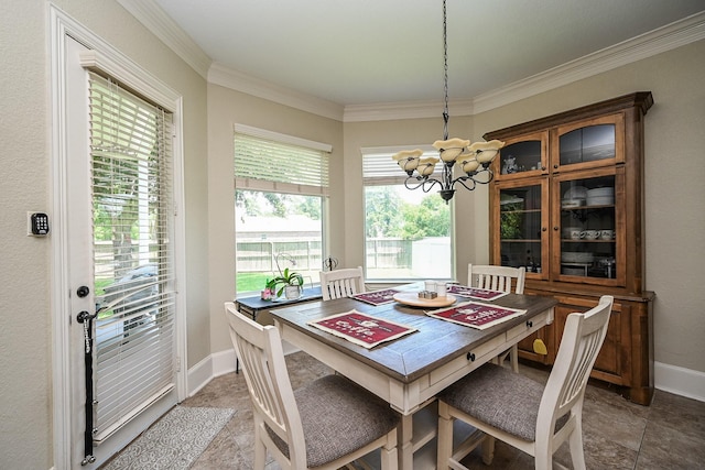 57 Cloverdale Ct, Montgomery, TX 77356 - dining space featuring a chandelier, crown molding, stone finish floors, and baseboards