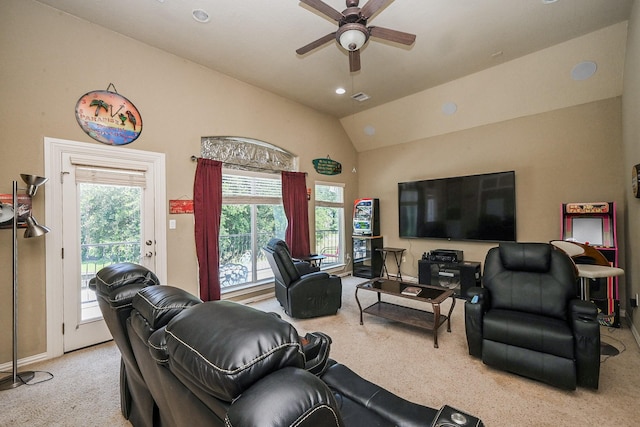 57 Cloverdale Ct, Montgomery, TX 77356 - living room featuring carpet floors, a ceiling fan, plenty of natural light, lofted ceiling, and recessed lighting