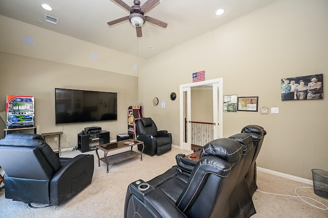 57 Cloverdale Ct, Montgomery, TX 77356 - carpeted cinema room featuring ceiling fan, baseboards, recessed lighting, and lofted ceiling