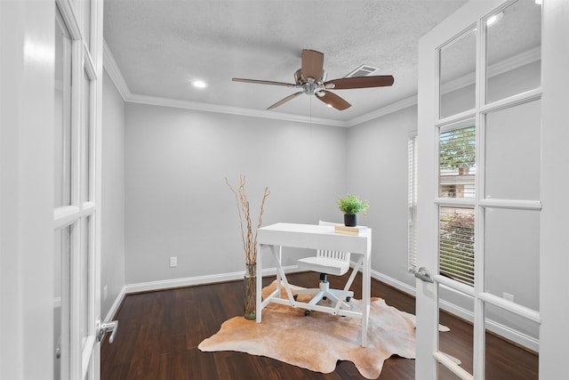 1139 Lehman St, Houston, TX 77018 - office area with ornamental molding, a ceiling fan, wood finished floors, baseboards, and recessed lighting