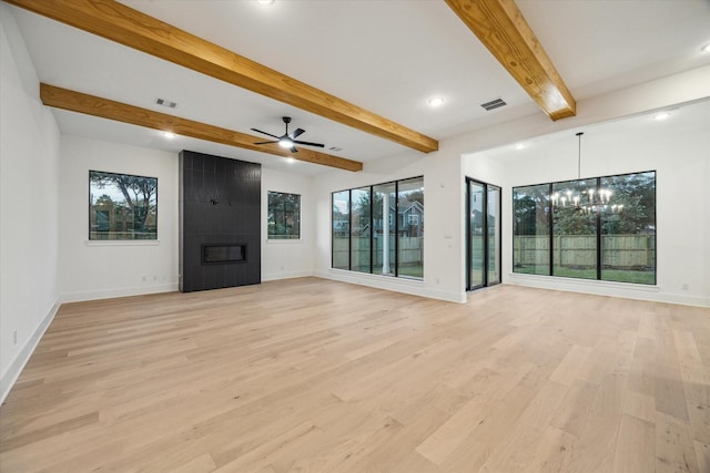 1112 Kinley Ln, Houston, TX 77018 - unfurnished living room with a chandelier, a fireplace, beam ceiling, light wood-style floors, and ceiling fan