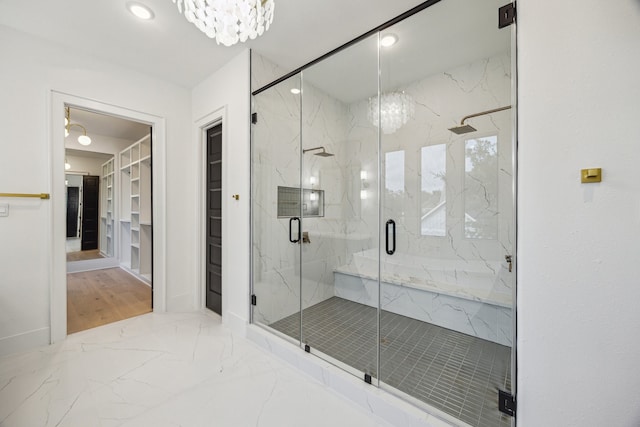 1112 Kinley Ln, Houston, TX 77018 - bathroom with a chandelier, marble tiled floors, a marble finish shower, recessed lighting, and a closet