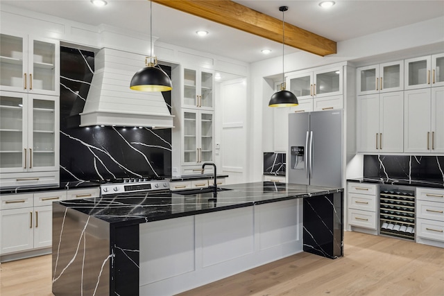 1112 Kinley Ln, Houston, TX 77018 - kitchen with beverage cooler, stainless steel fridge with ice dispenser, beam ceiling, decorative backsplash, and custom exhaust hood