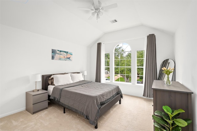 1706 Brightlake Way, Missouri City, TX 77459 - bedroom featuring light carpet, vaulted ceiling, baseboards, and ceiling fan