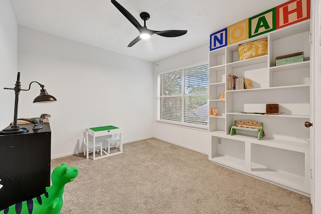 15427 Stonehill Dr, Houston, TX 77062 - recreation room featuring carpet, ceiling fan, and baseboards