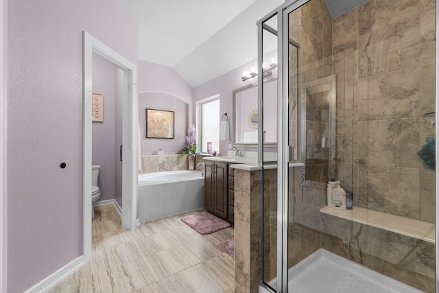 371 Westlake Terrace Dr, Conroe, TX 77304 - full bathroom featuring a stall shower, vanity, a bath, lofted ceiling, and toilet