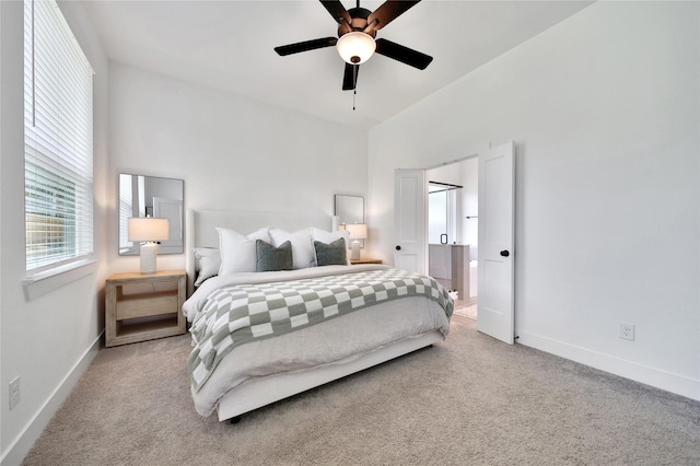 296 N Cascade Heights Dr, Montgomery, TX 77316 - bedroom with carpet flooring, baseboards, a high ceiling, ceiling fan, and ensuite bathroom