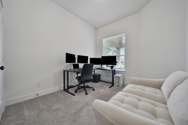 296 N Cascade Heights Dr, Montgomery, TX 77316 - home office featuring lofted ceiling, carpet flooring, and baseboards