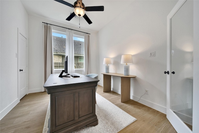 296 N Cascade Heights Dr, Montgomery, TX 77316 - office area featuring ceiling fan, baseboards, and light wood-style flooring