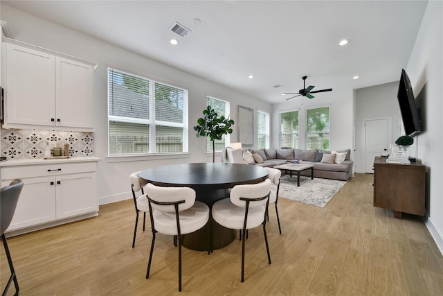 296 N Cascade Heights Dr, Montgomery, TX 77316 - dining room featuring light wood-style floors, a ceiling fan, recessed lighting, and baseboards