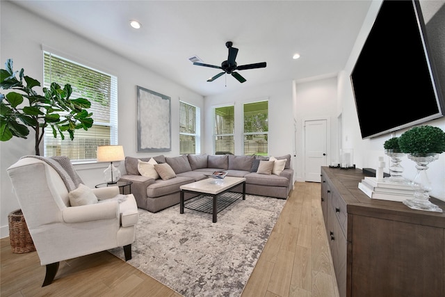 296 N Cascade Heights Dr, Montgomery, TX 77316 - living area with light wood finished floors, a ceiling fan, and recessed lighting