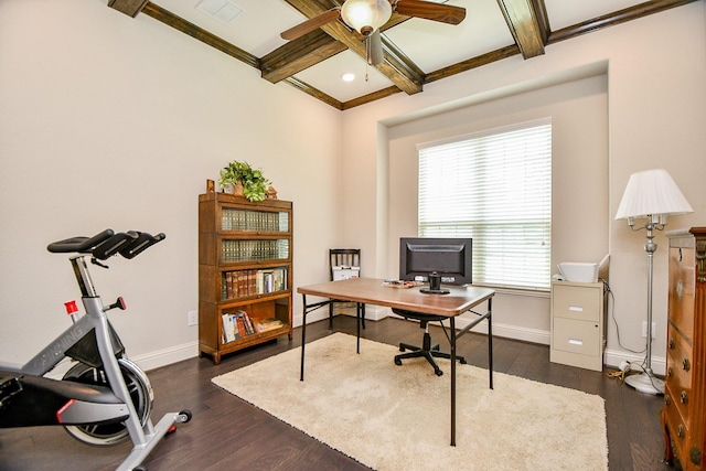 1704 Graystone Hills Dr, Conroe, TX 77304 - office featuring ceiling fan, baseboards, coffered ceiling, beam ceiling, and dark wood-type flooring