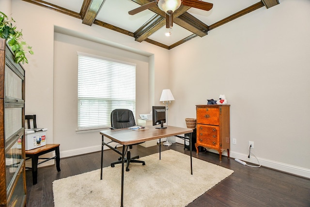 1704 Graystone Hills Dr, Conroe, TX 77304 - office with baseboards, beamed ceiling, a ceiling fan, coffered ceiling, and dark wood-style flooring